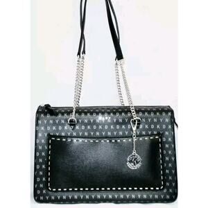 DKNY Bryant Signature Zip Shoulder Bag R74A4009 Black Gray Faux Lth Studs Chains